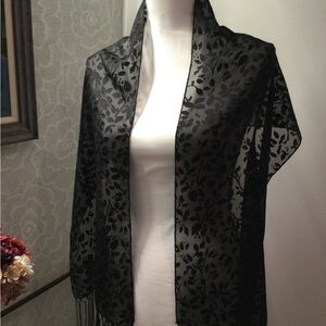 Elegant Black Floral Scarf with fringe